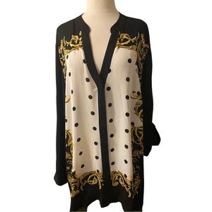 ALFANI semi-sheer black patterned tunic Size 24W, polka dots and gold graphics